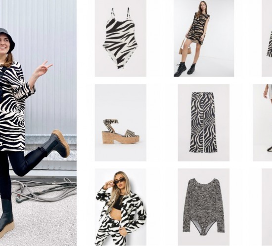 Zebra Print Trend. Fashion Blogger Girl by Style Blog Heartfelt Hunt. Girl with blond hair wearing a zebra print dress, bucket hat, 90s bag, faux leather leggings and chelsea boots.